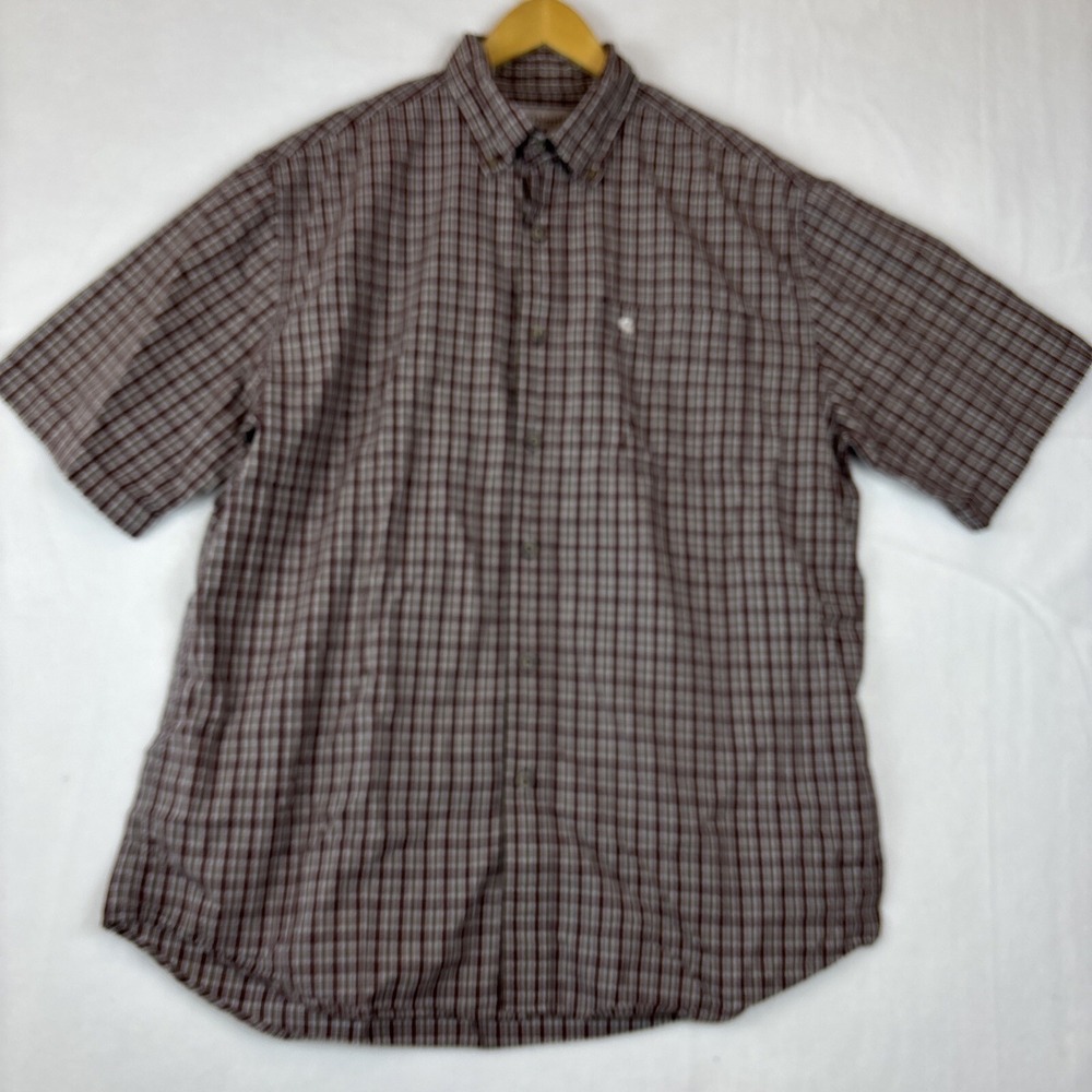 Carhartt Men's L Dark Red Gray Plaid Button Down Short Sleeved Shirt 100% Cotton